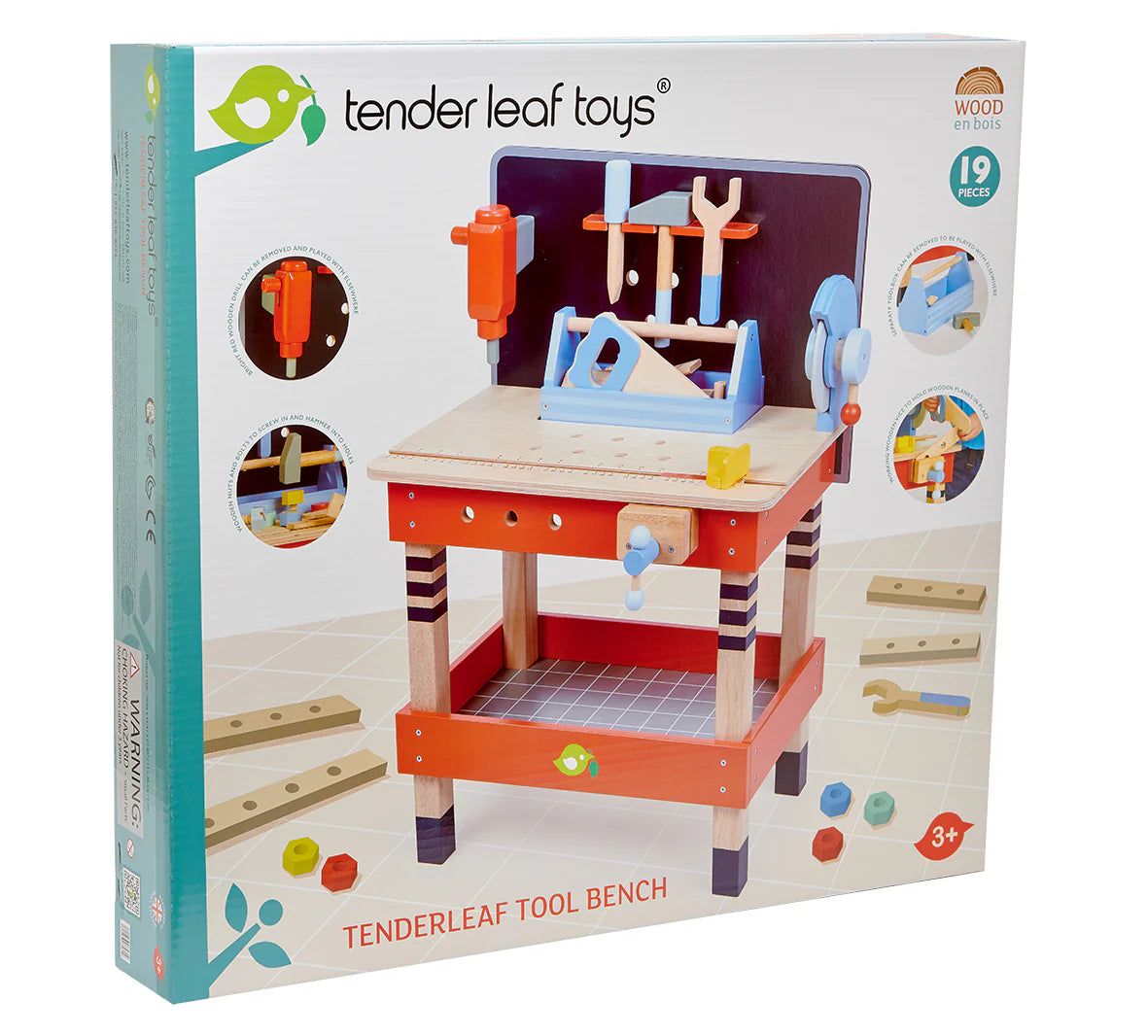 Box of Tender Leaf Toys Tool Bench with colorful illustrations on a white background