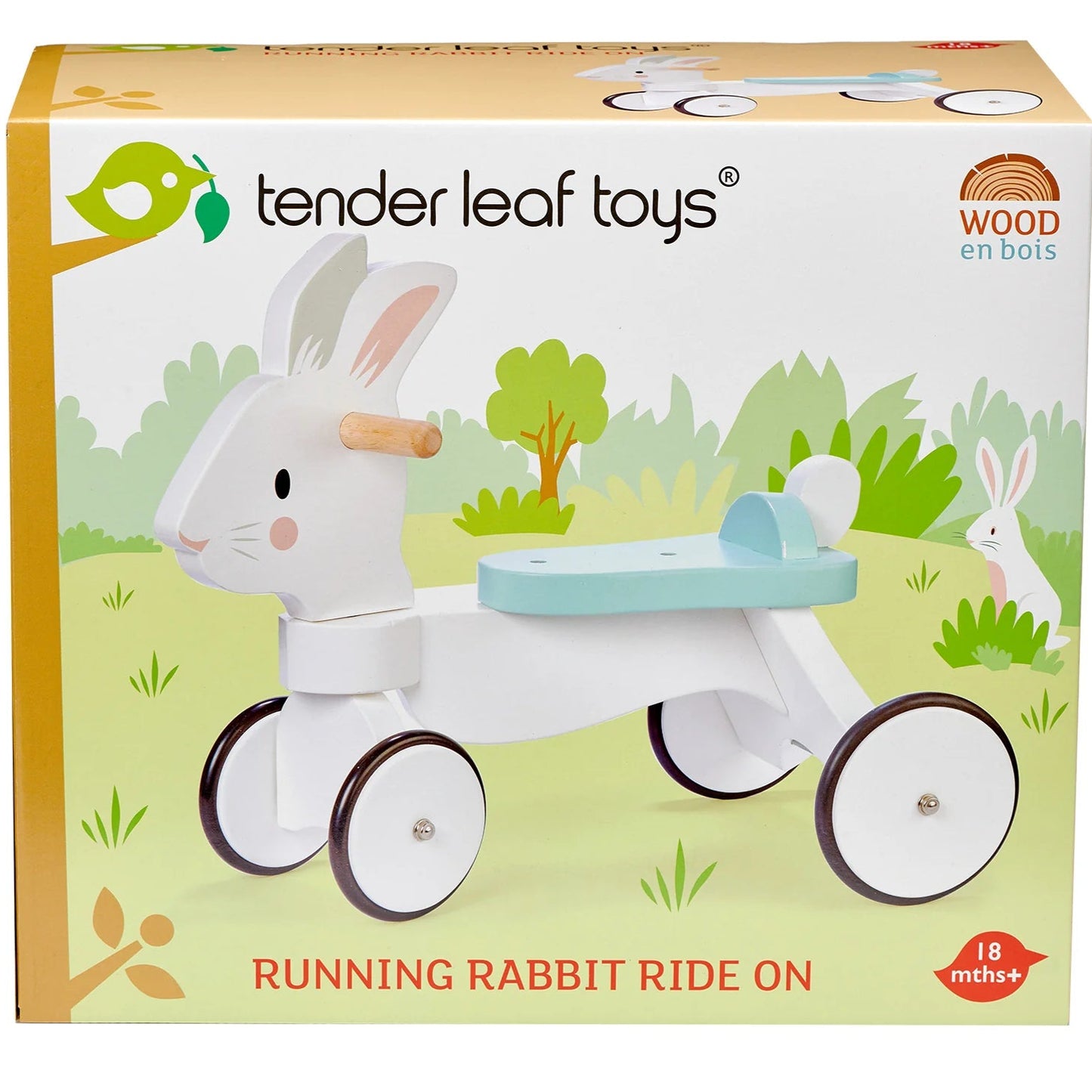 Box of Tender Leaf Toys Running Rabbit Ride On toy with a rabbit design on the packaging.