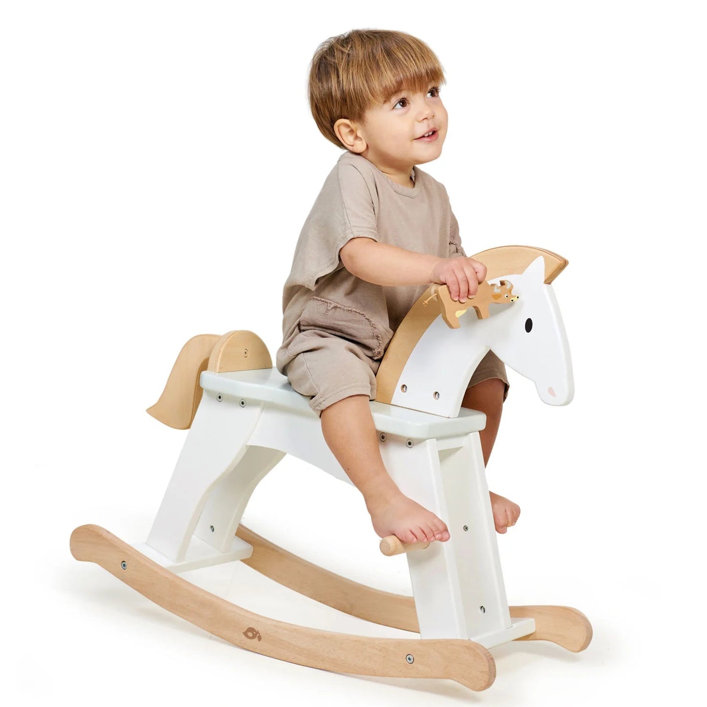 Child sitting on a wooden rocking horse against a white background