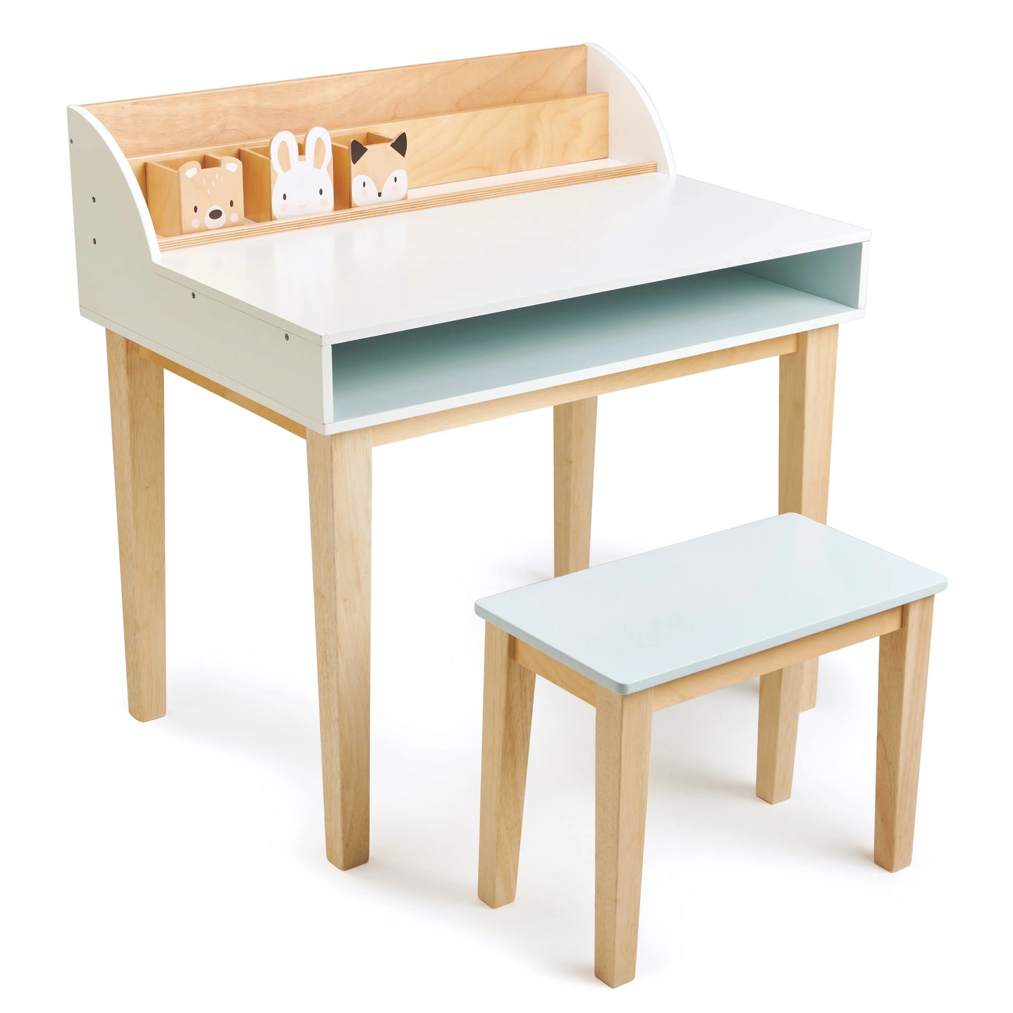 Children's wooden desk with a white surface and a smaller matching chair on a white background