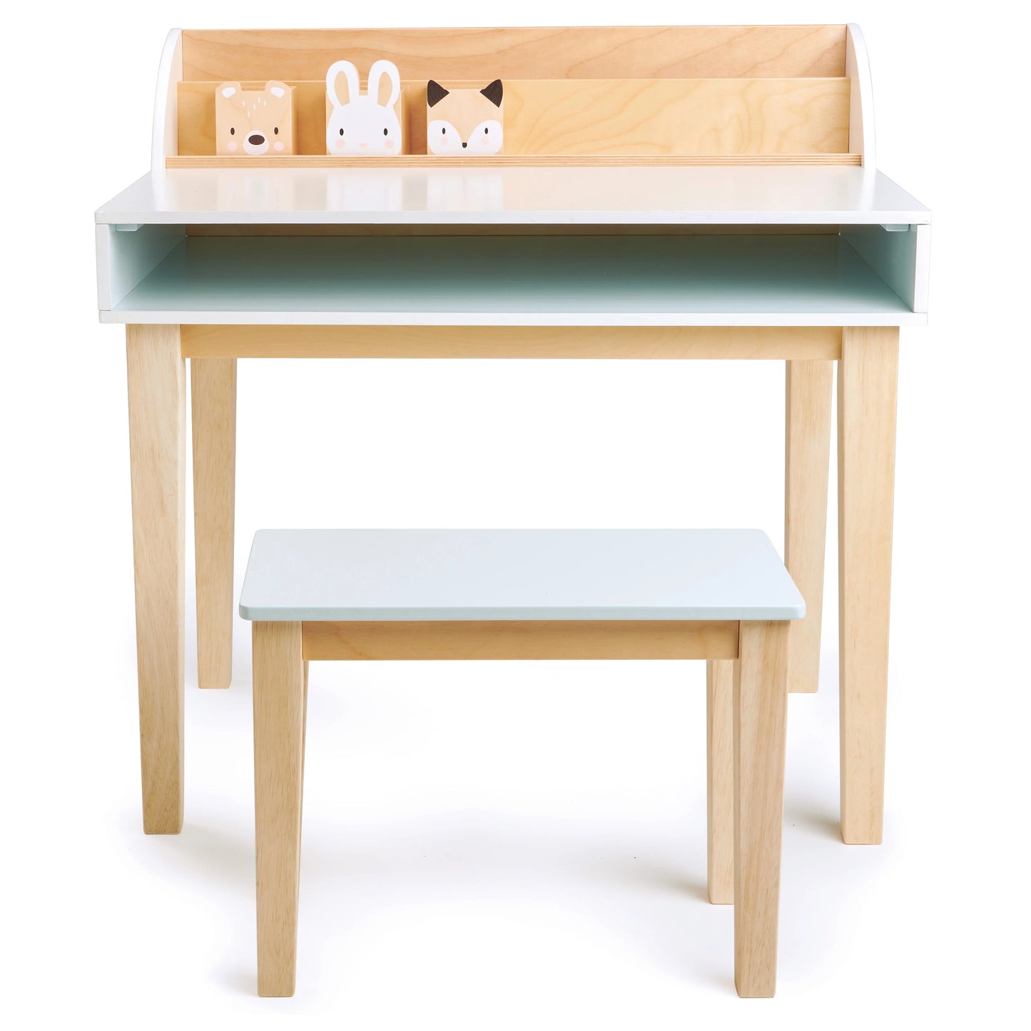 Children's desk and stool set with a white top and light wood legs on a white background