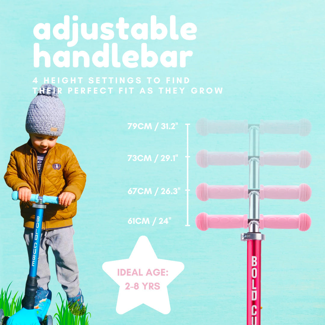 Child using a scooter with adjustable handlebar settings on a light blue background