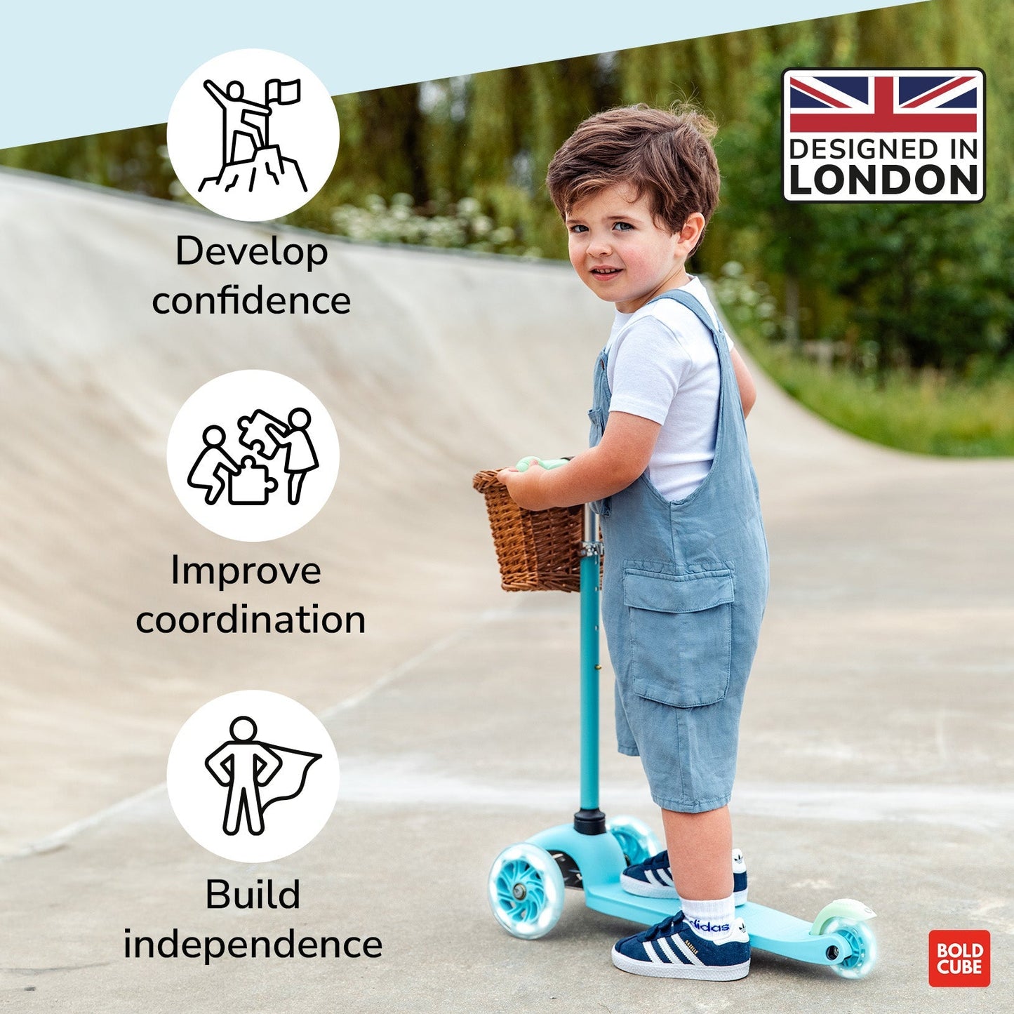 Child riding a scooter with text about confidence, coordination, and independence on a blurred outdoor background.