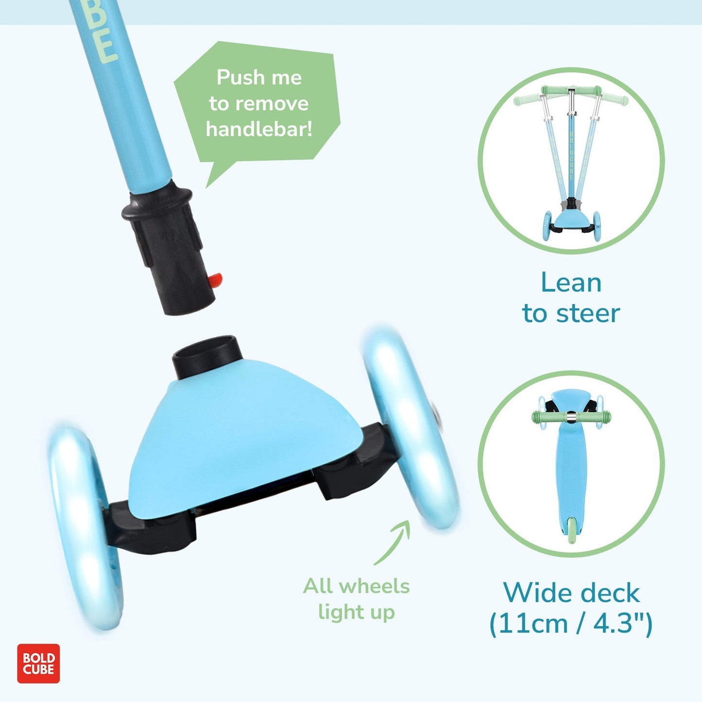 Self-balancing scooter with features highlighted on a light blue background