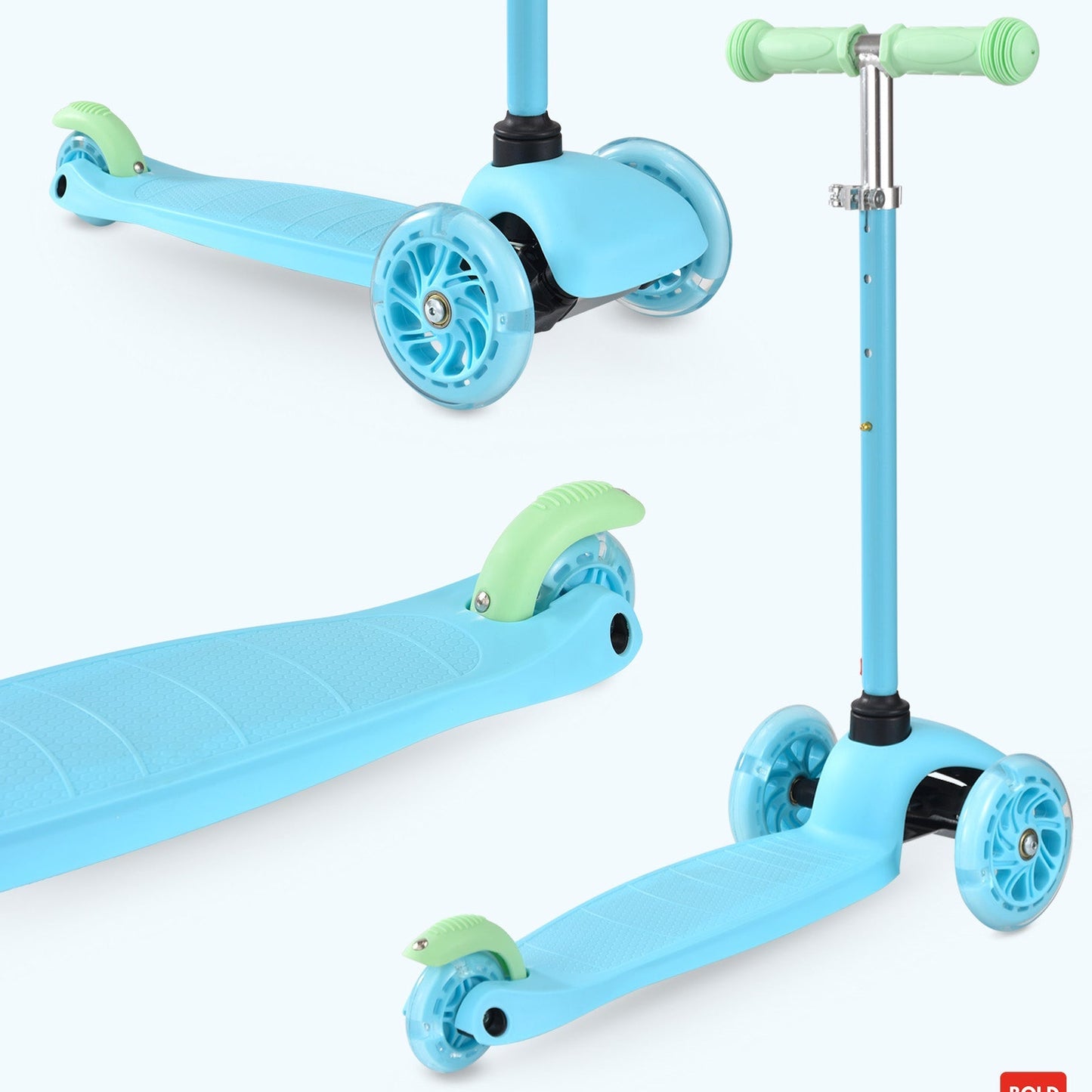 Light blue scooter with green accents on a white background