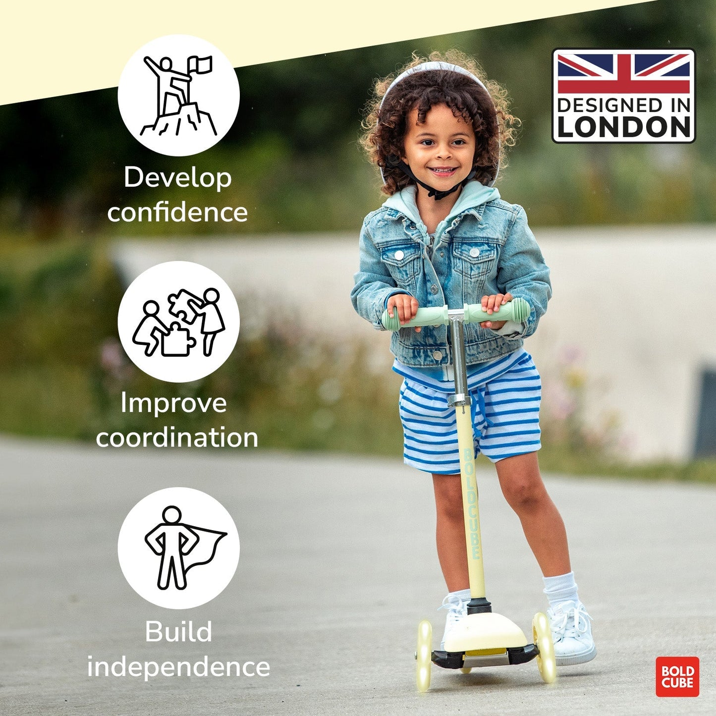 Child riding a scooter with text about confidence, coordination, and independence on a scenic background.