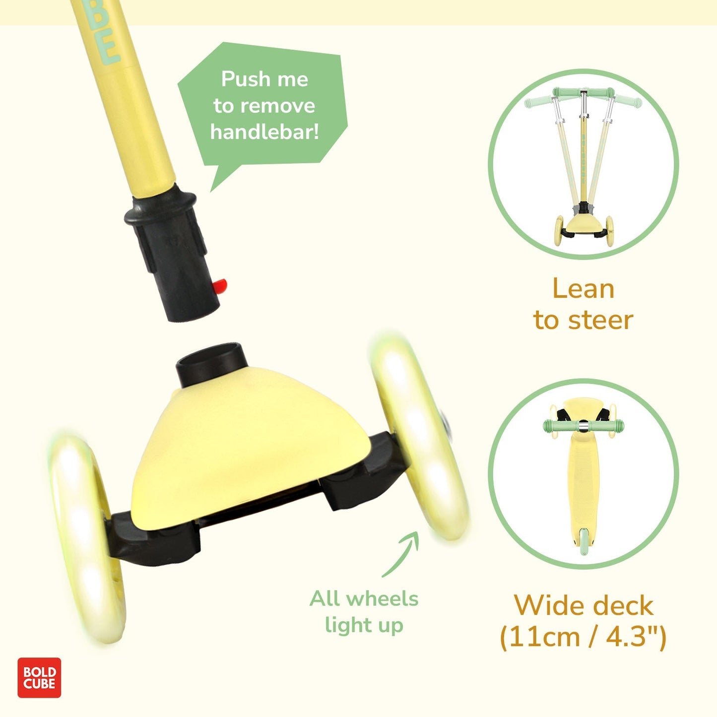 Yellow self-balancing scooter with features highlighted on a white background