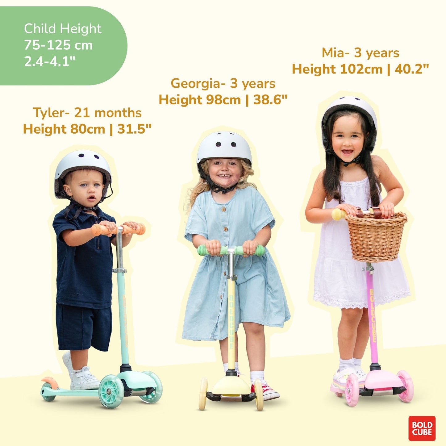 Children with scooters and height information on a light yellow background