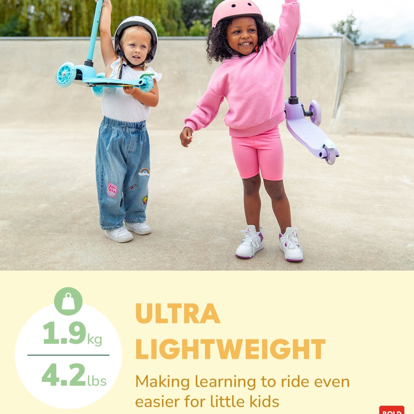 Two children with scooters on a concrete surface, promoting an ultra-lightweight scooter.