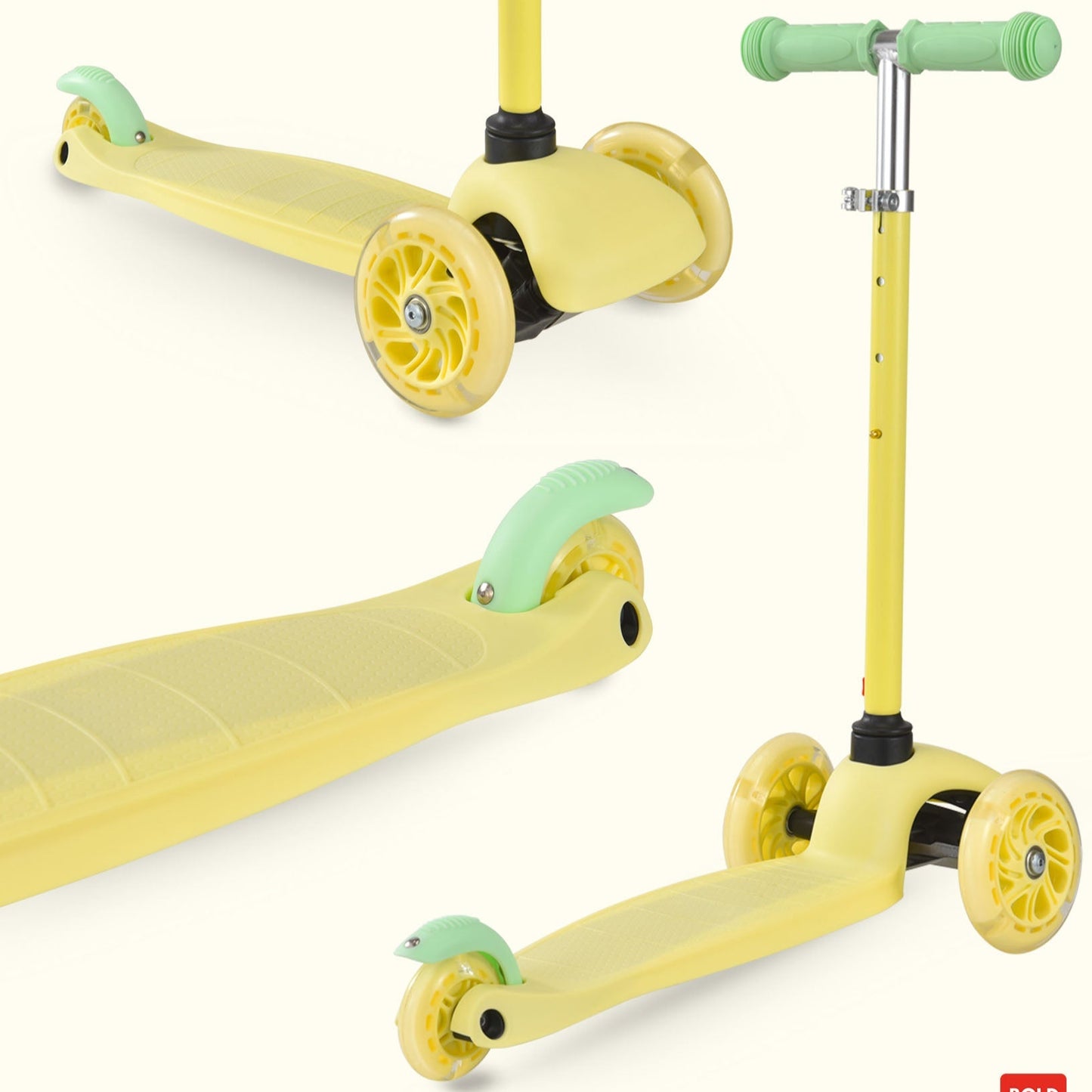 Yellow scooter with green handlebar and wheels on a white background