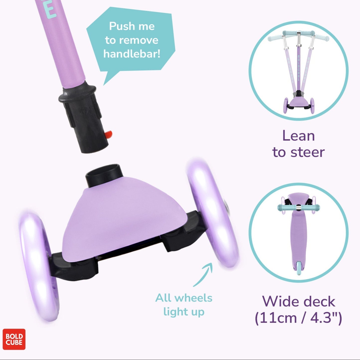 Purple self-balancing scooter with features highlighted on a white background