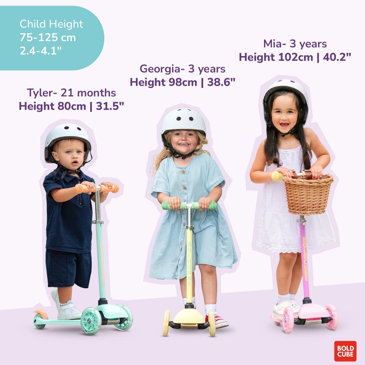 Children with scooters and helmets, promoting scooter use for growing children.