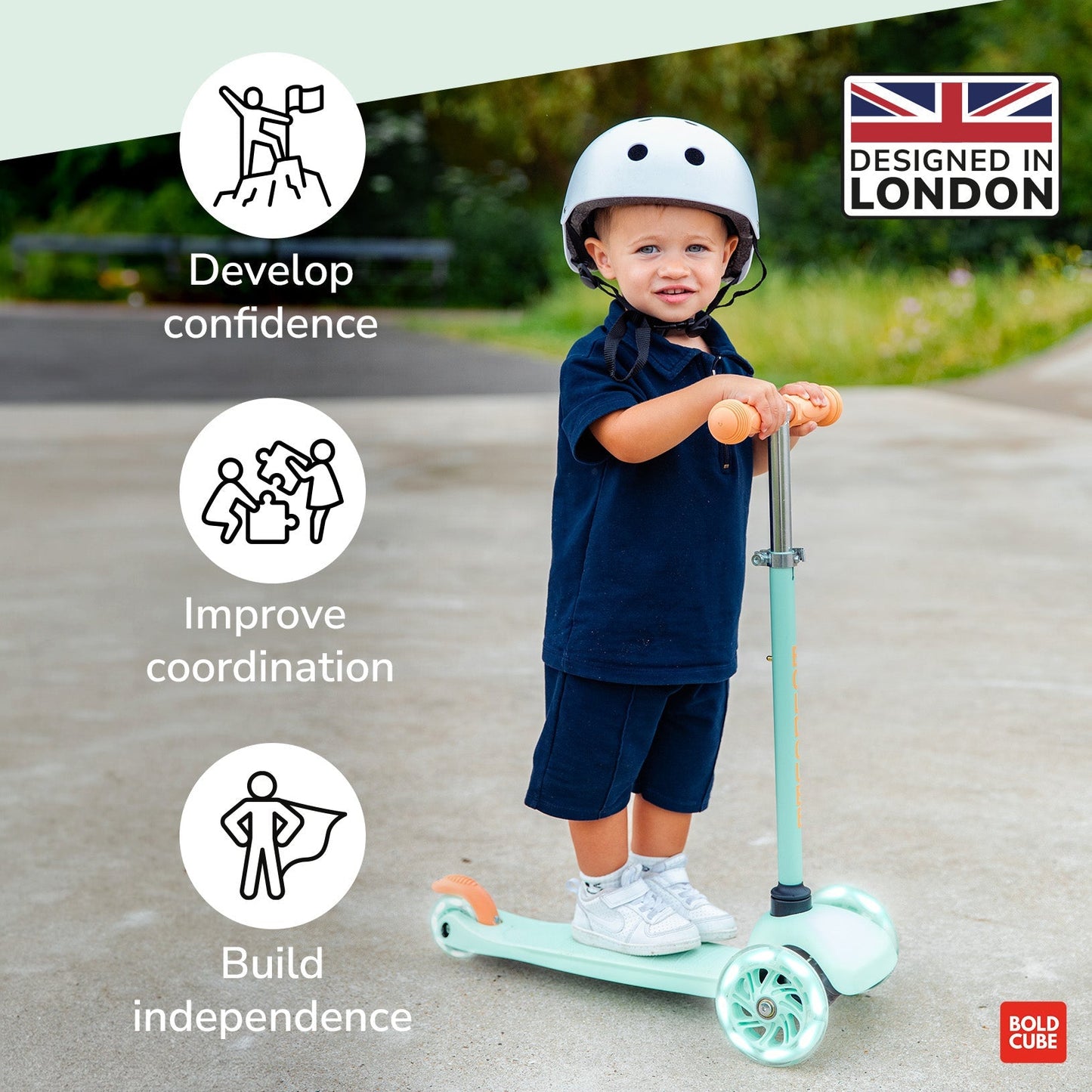 Child on a scooter with text about confidence, coordination, and independence, set against a natural background.