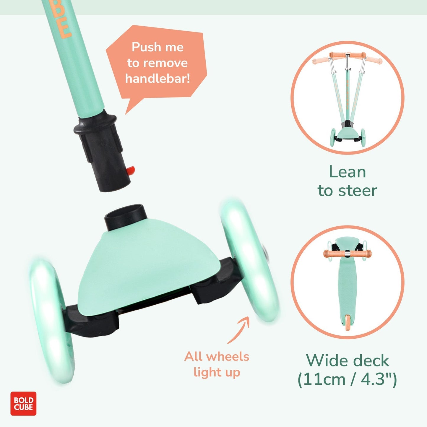 Self-balancing scooter with features highlighted on a light green background