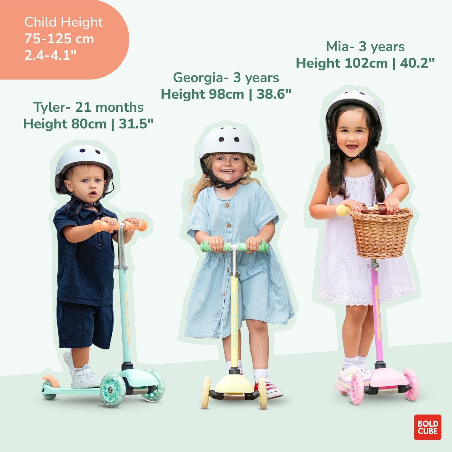 Children with scooters and helmets, promoting growth for young riders.