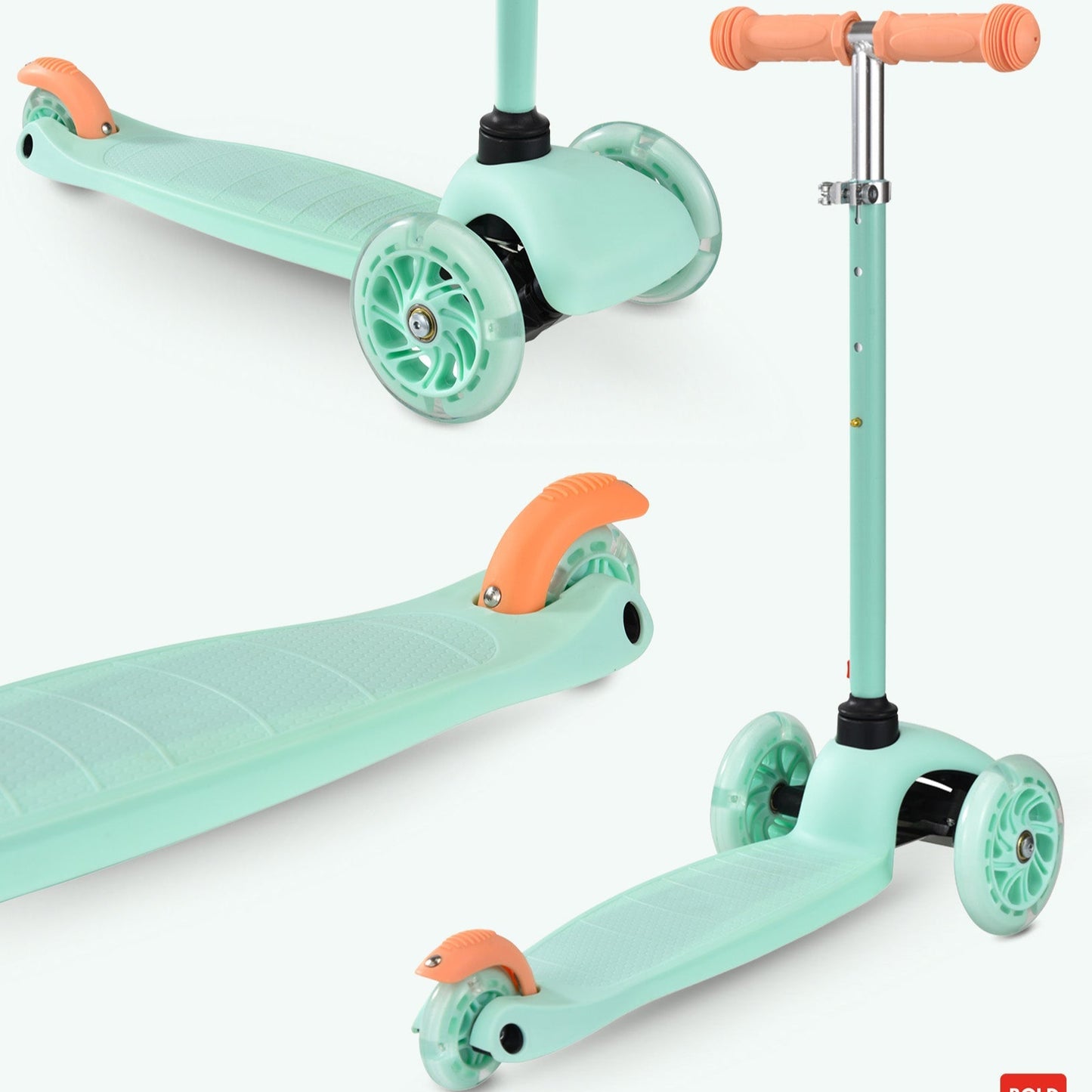 Two mint green scooters with orange handles on a white background