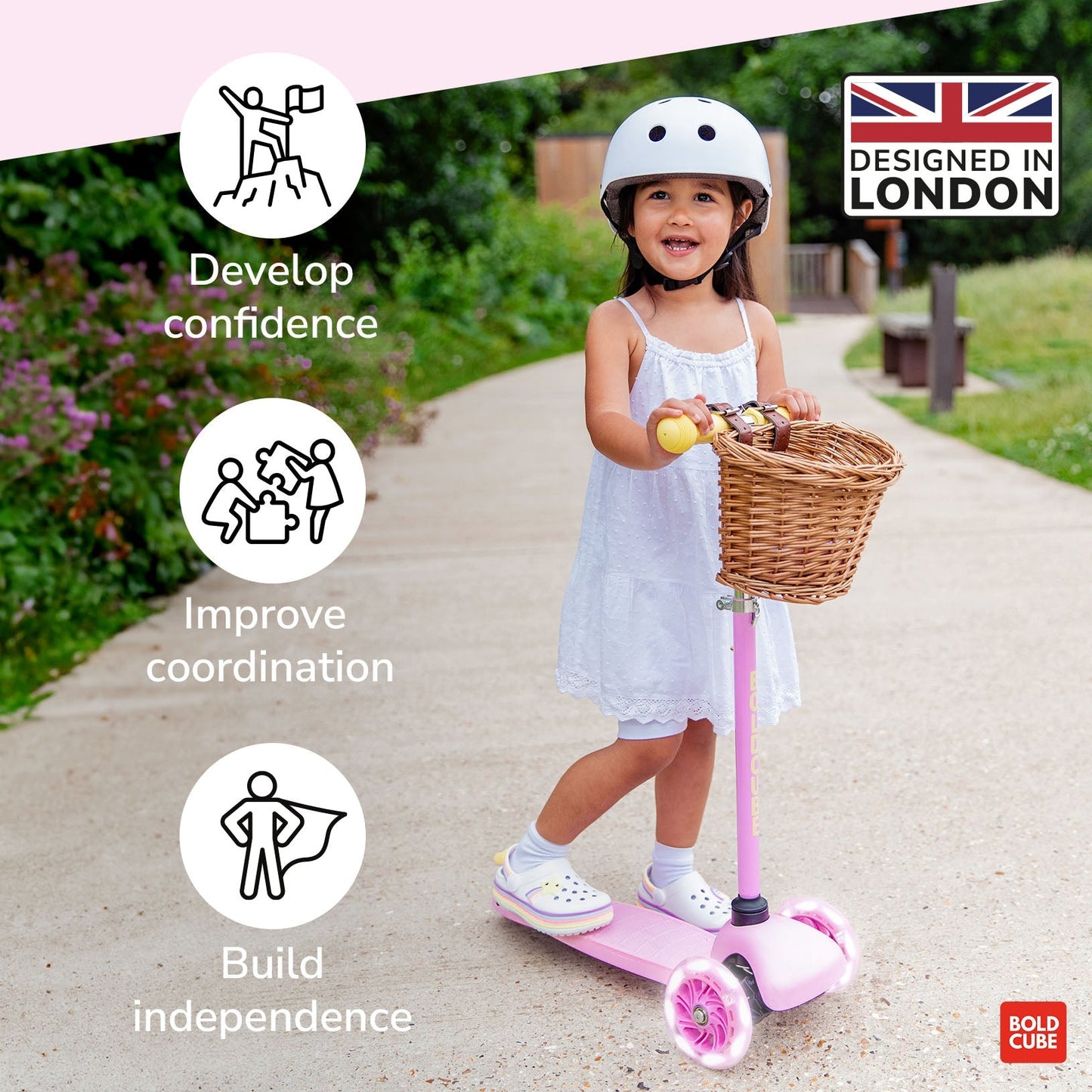 Child riding a scooter with text about confidence, coordination, and independence on a pink background.