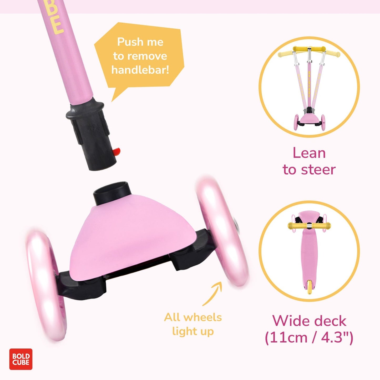 Pink self-balancing scooter with features highlighted on a white background
