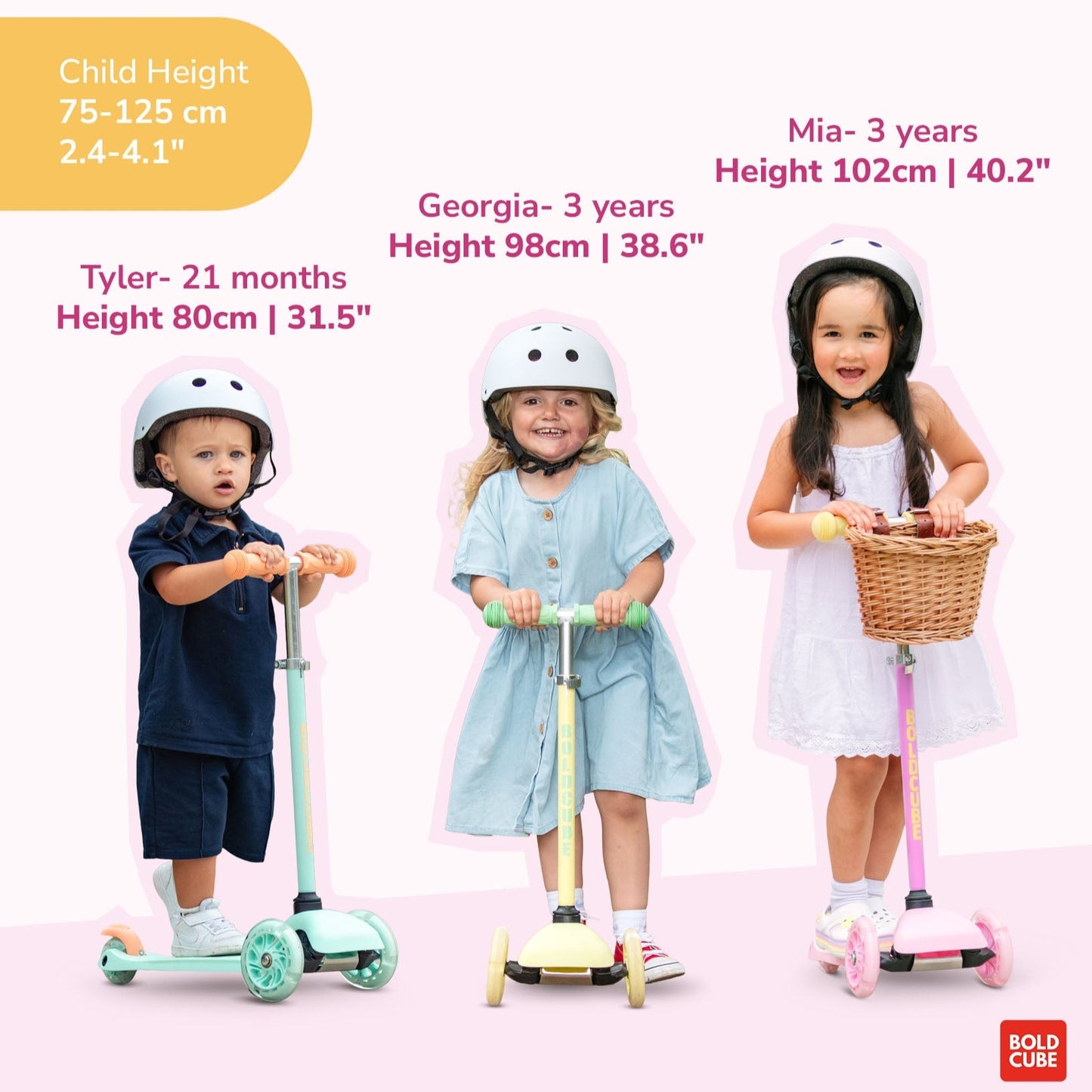 Children with scooters and helmets on a light pink background, promoting 'For Growing Little Riders' by Gold Cube.