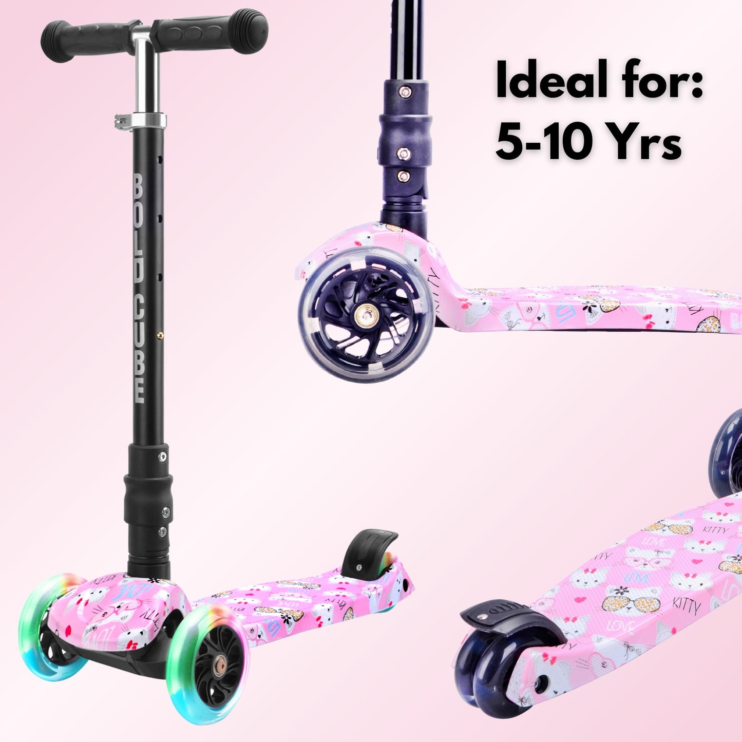 Pink scooter with colorful wheels on a pink background, ideal for ages 5-10.
