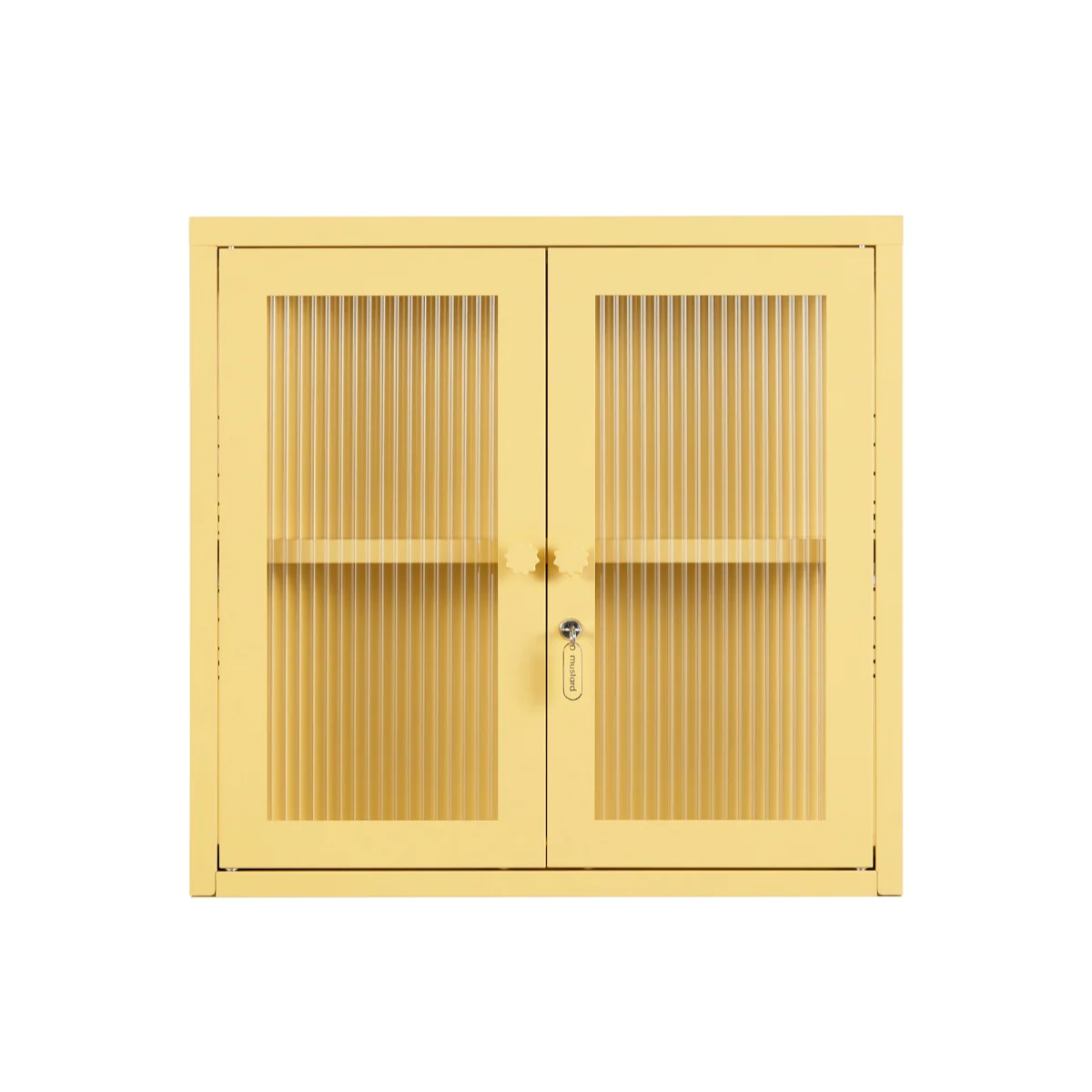 Pale yellow cabinet with glass on white background