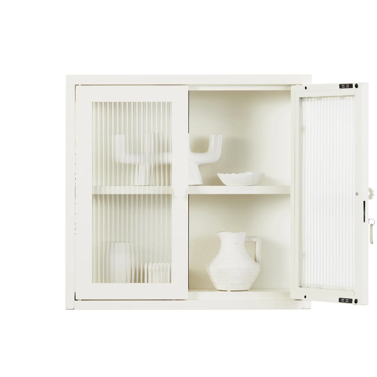 White cabinet with vases inside