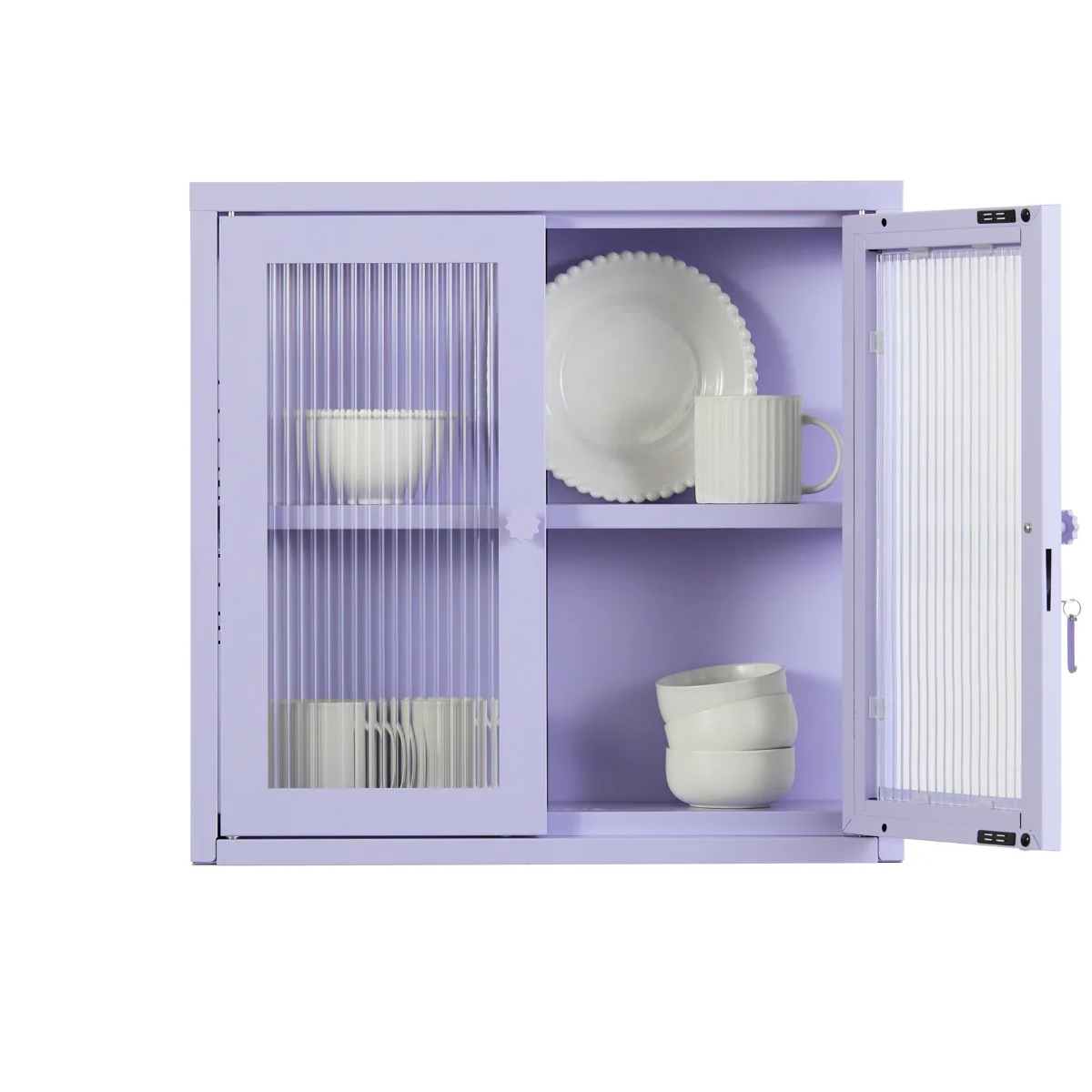 lilac cabinet open dorr with crockery inside