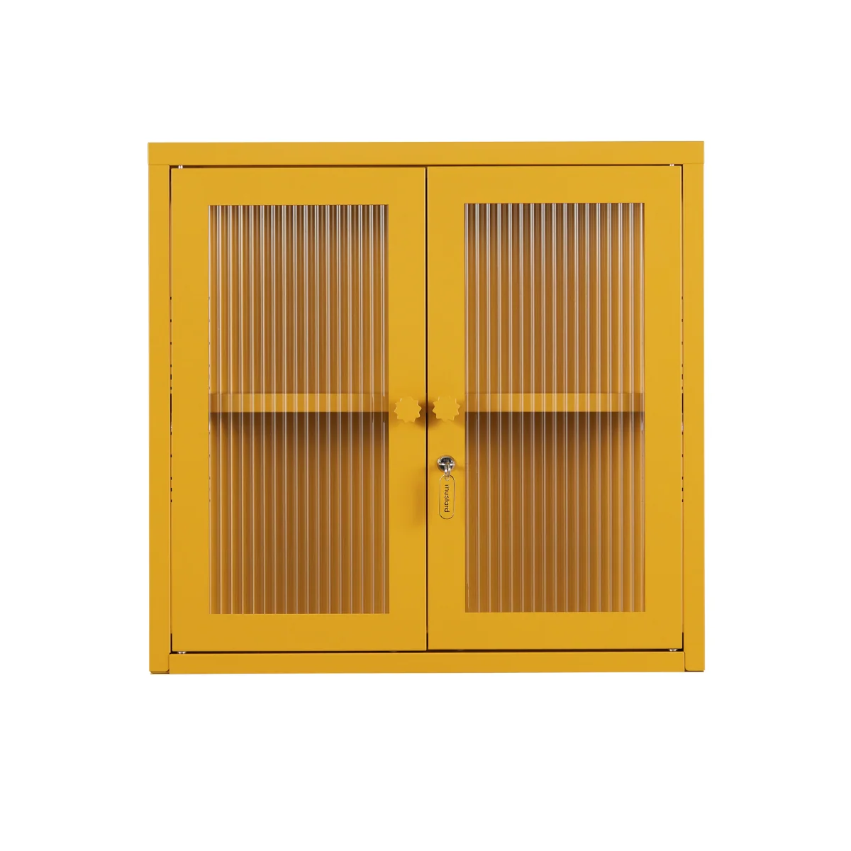 Yellow mustard cabinet with glass on white background