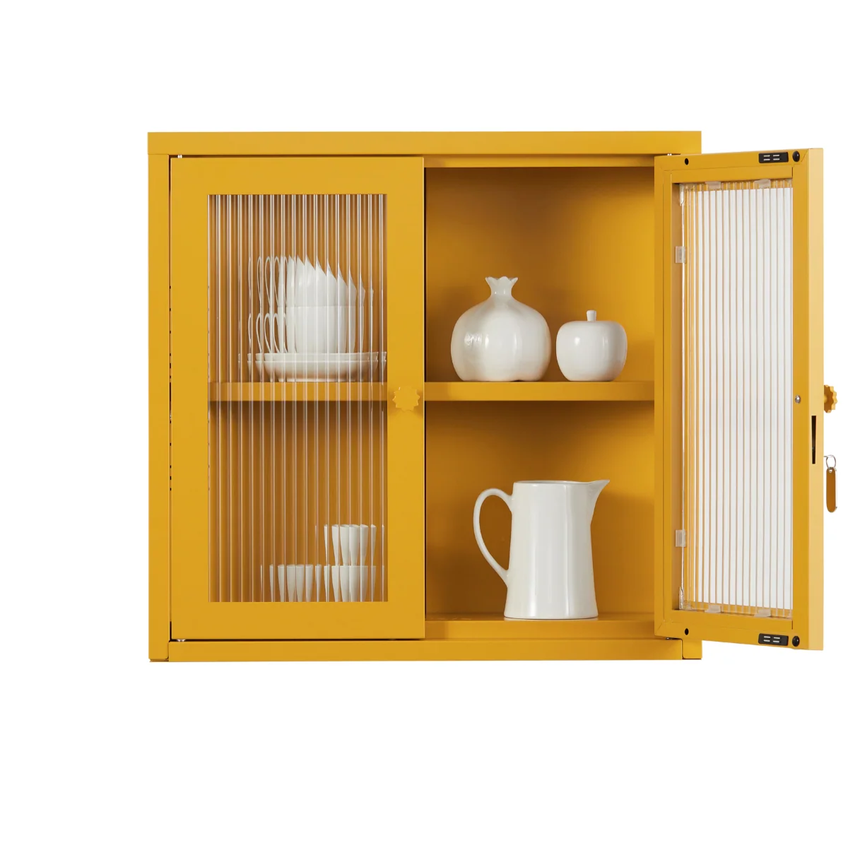 Yellow cabinet with door open with jugs and vases