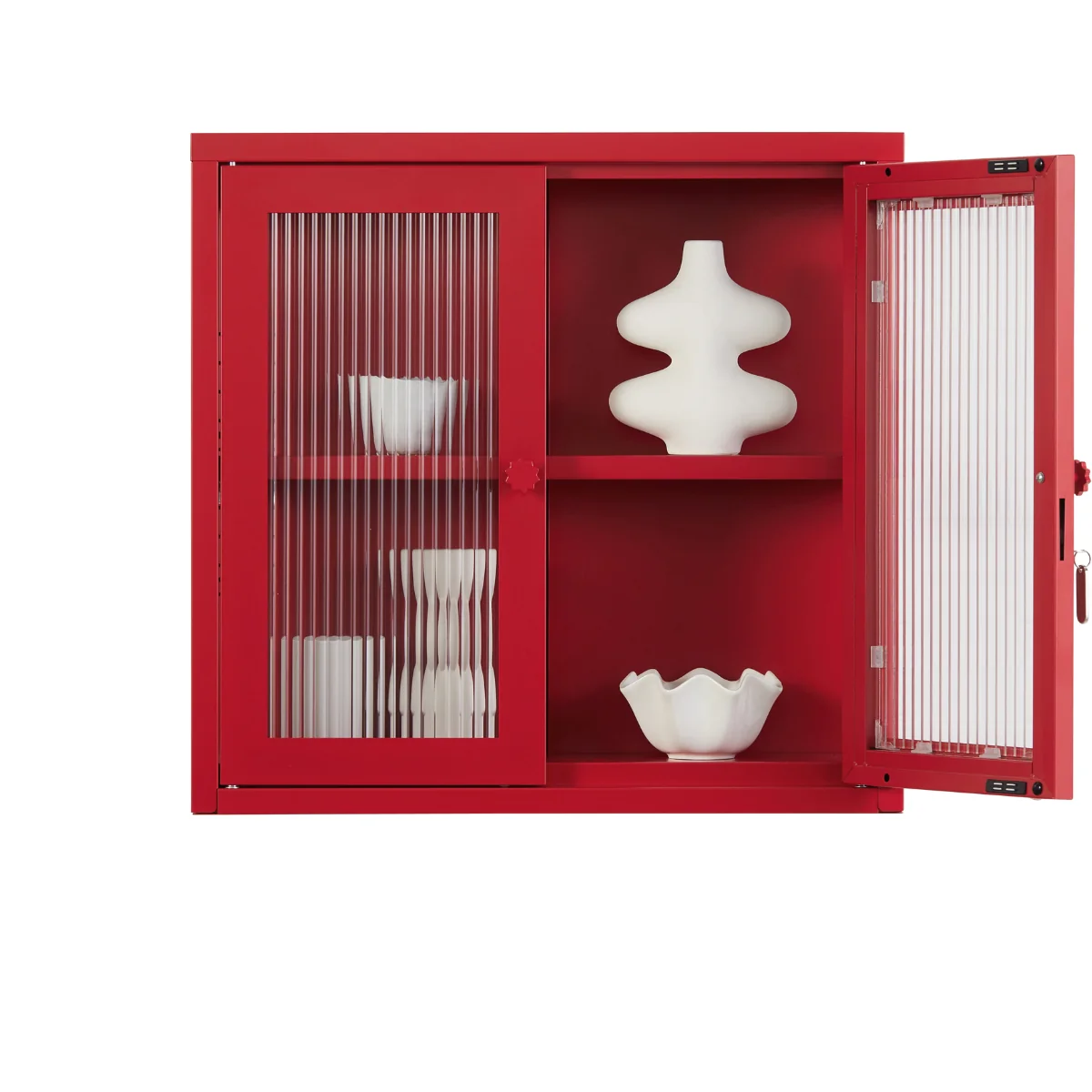 Cabinet with door open with ornaments inside