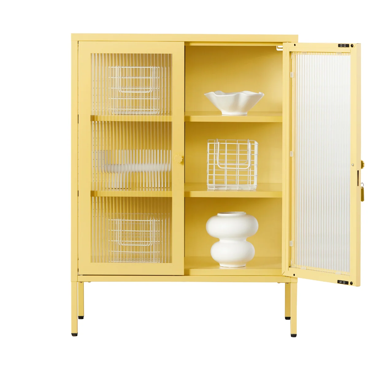 Butter yellow cabinet with door open