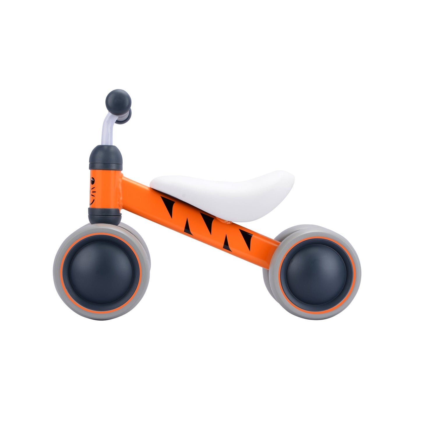 Orange and gray children's balance bike on a white background