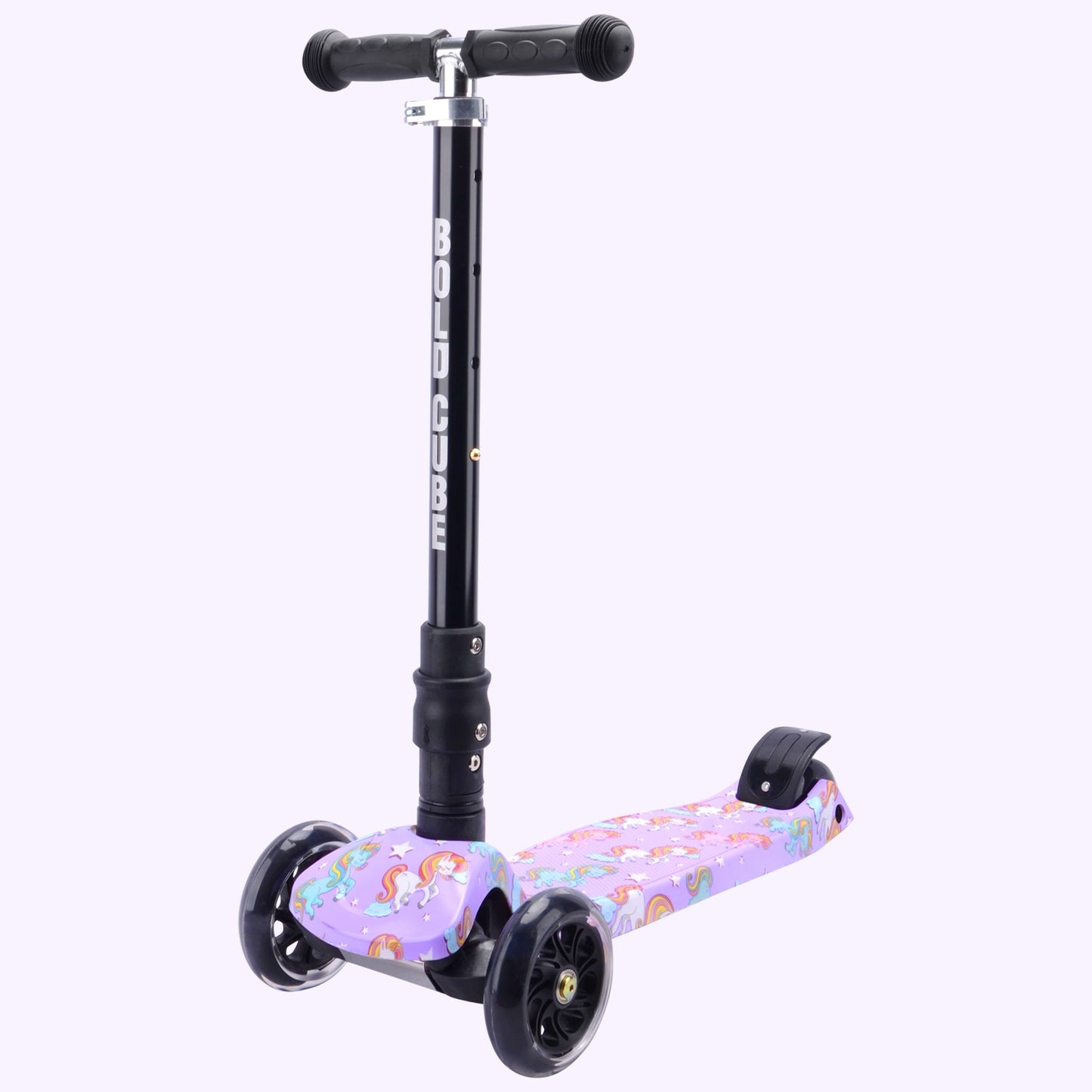 Children's scooter with purple deck and black frame on a white background