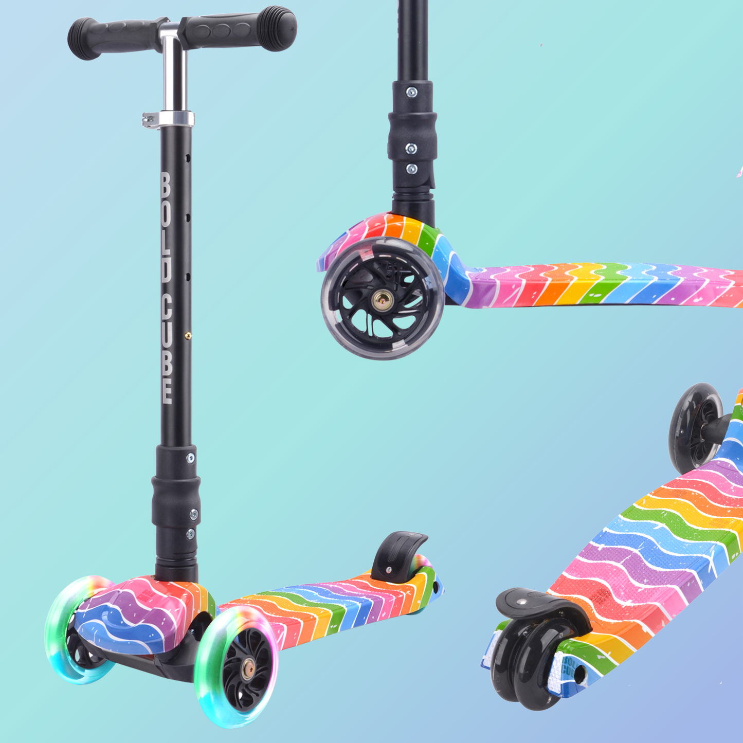 Children's scooter with rainbow-wrapped wheels on a light blue background