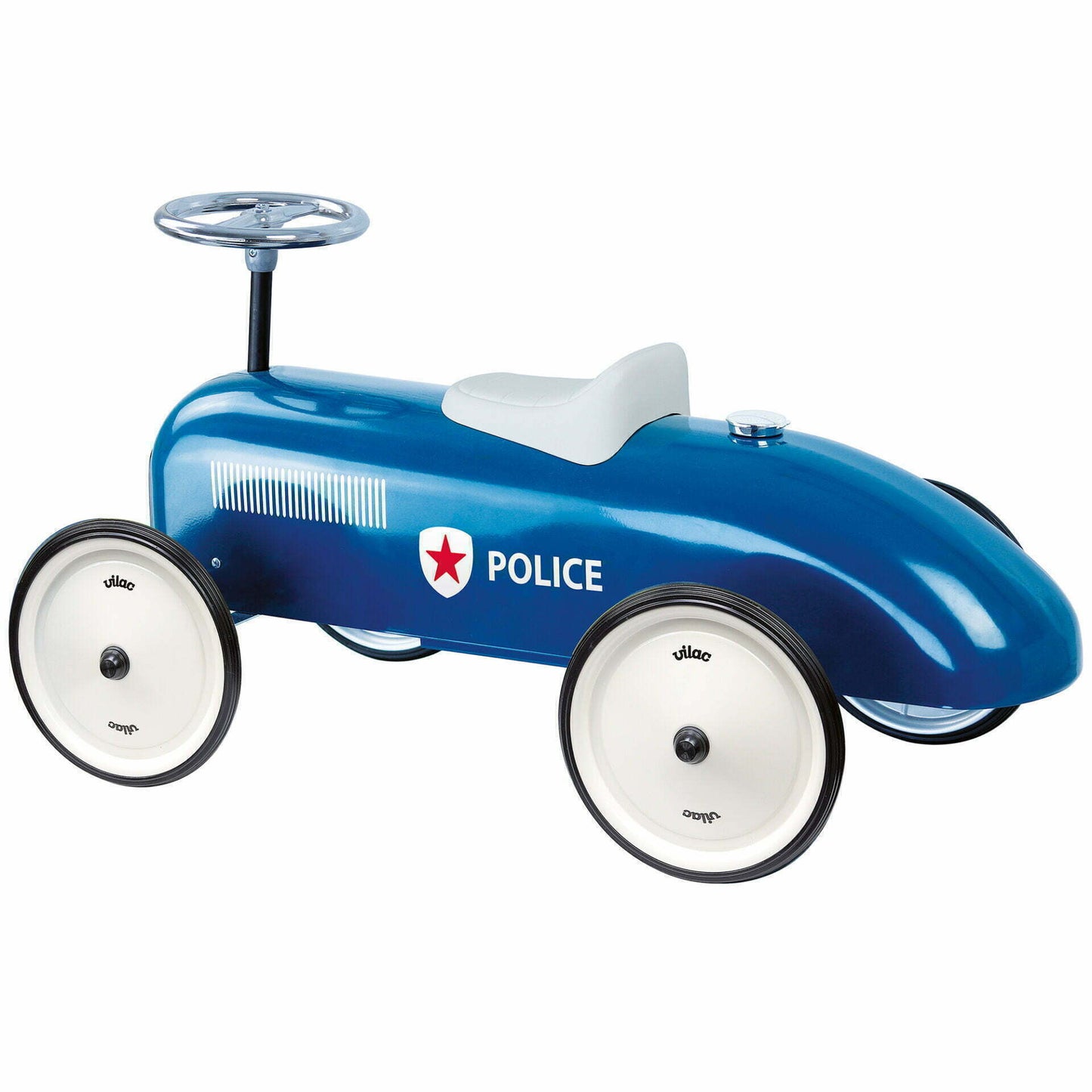 Blue toy police car with white wheels on a white background