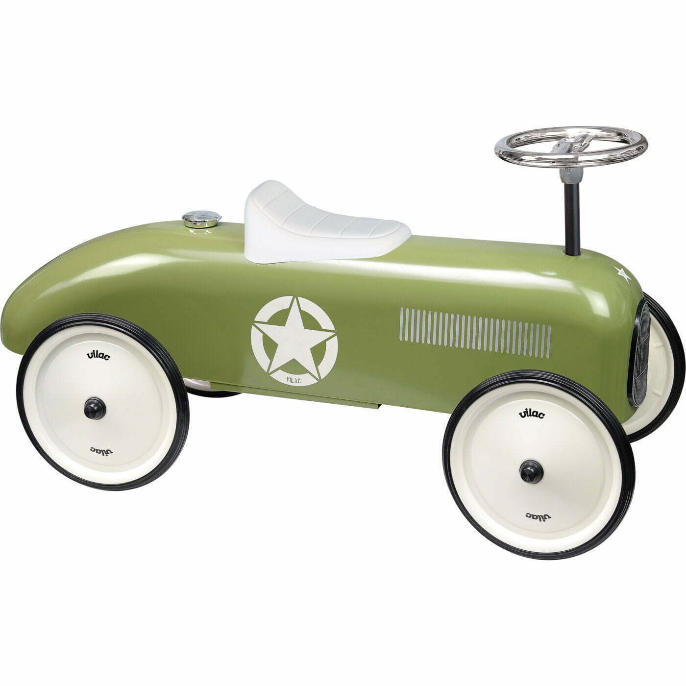 Khaki green ride on toy car on white background