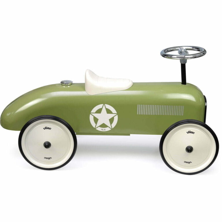 Green toy car with a star design on a white background