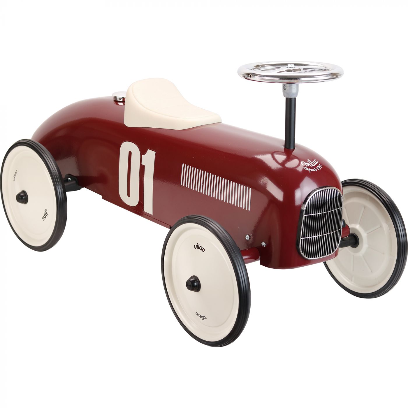 Burgundy ride on toy car on white background