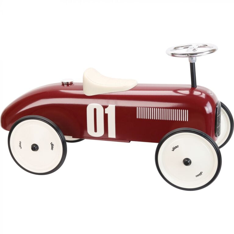 Red vintage-style toy car with white accents on a white background