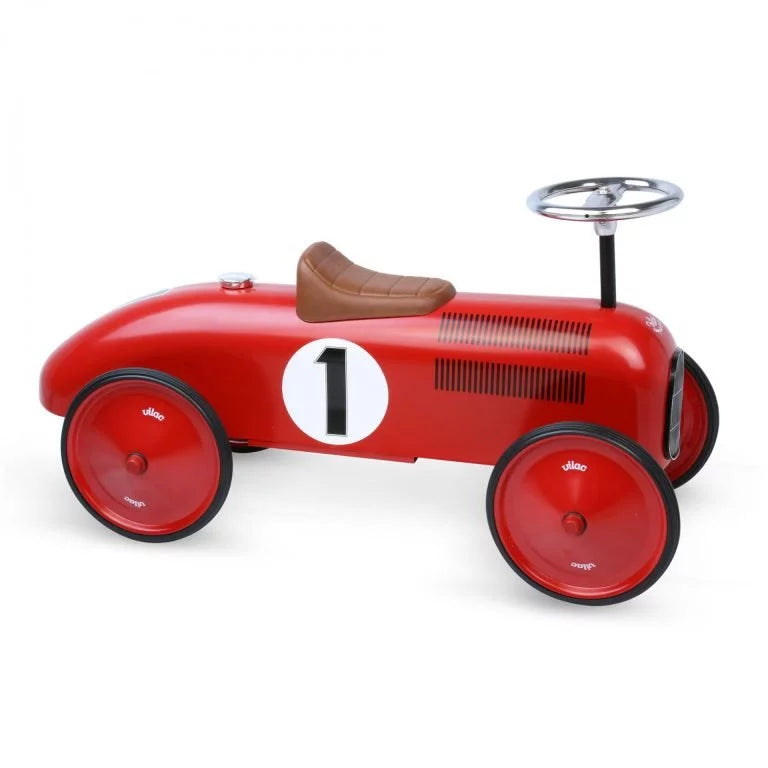 Red toy car with number 1 on a white background