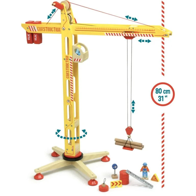 Yellow wooden crane toy with dimensions