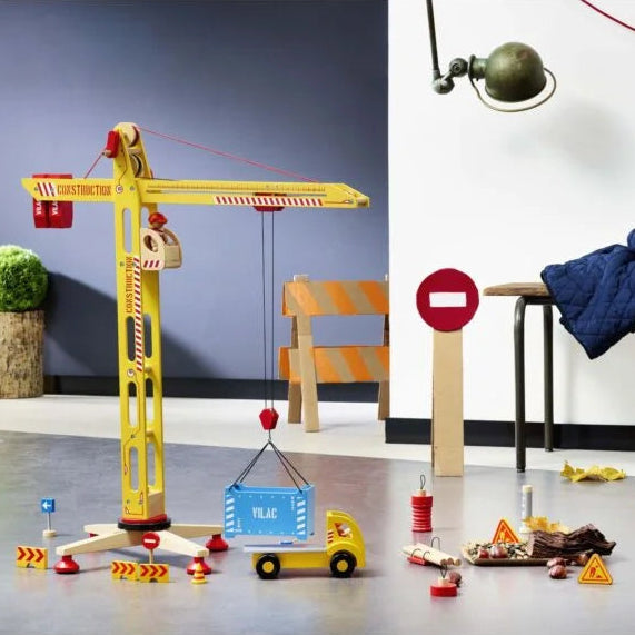 Wooden yellow crane toy and accessories
