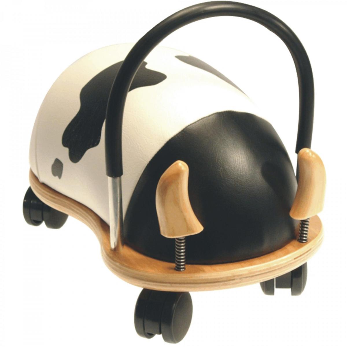 Toy vehicle shaped like a cow with a wooden base and black wheels on a white background