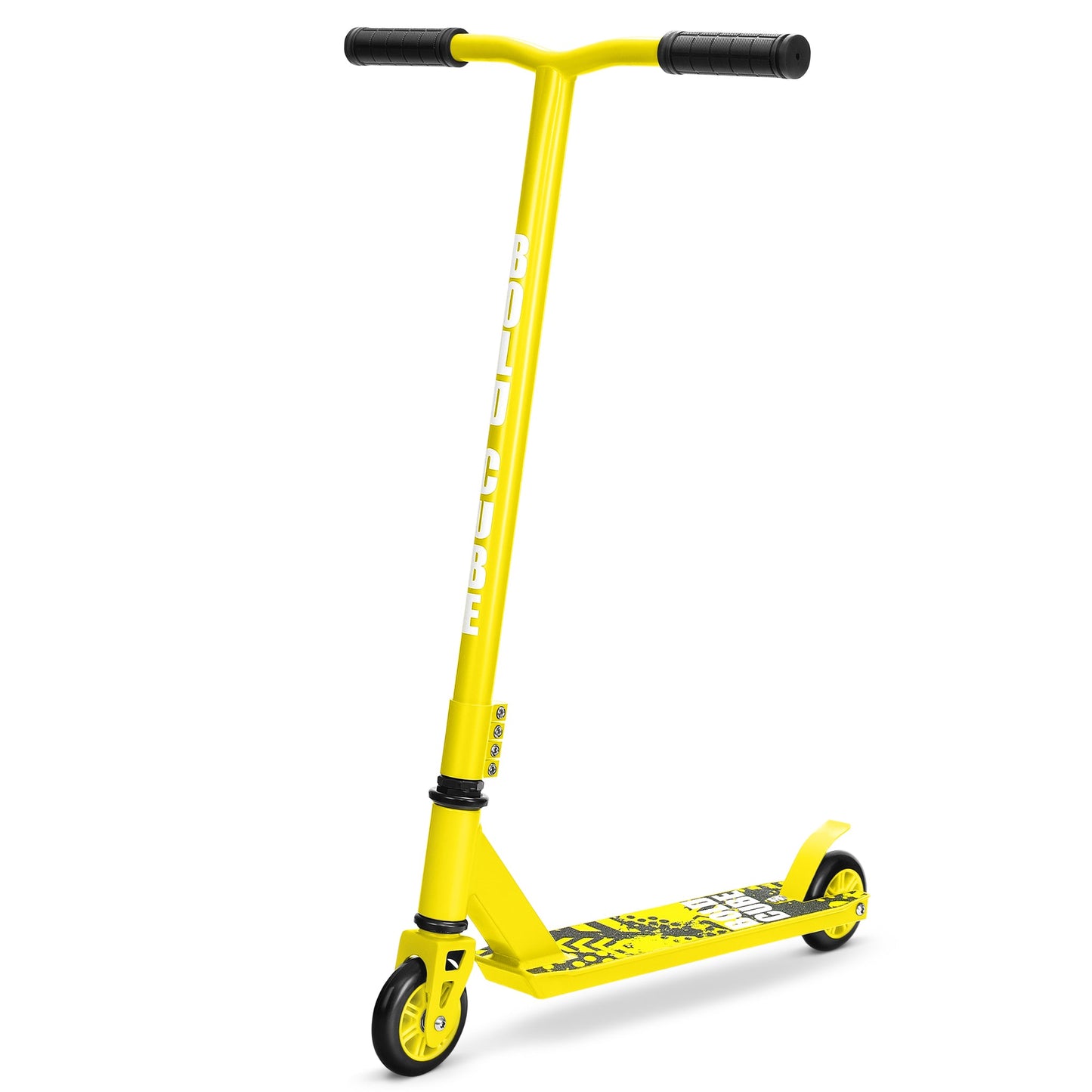 Yellow scooter with black handlebar on a white background