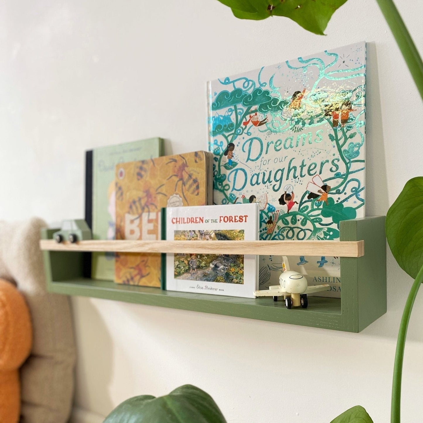 Green shelf with books and decorative items against a white wall, with plants in the foreground.