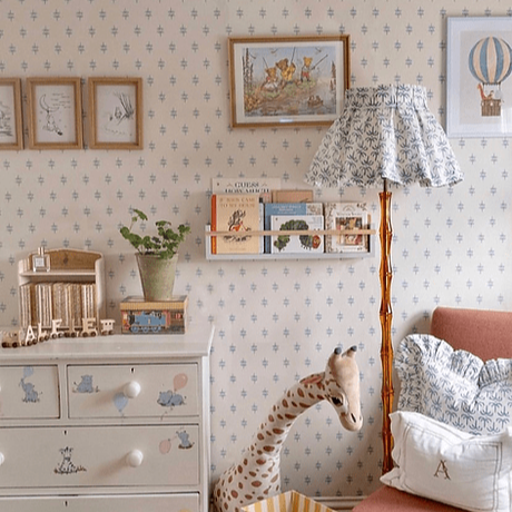 Children's room with patterned wallpaper, furniture, and decor elements.