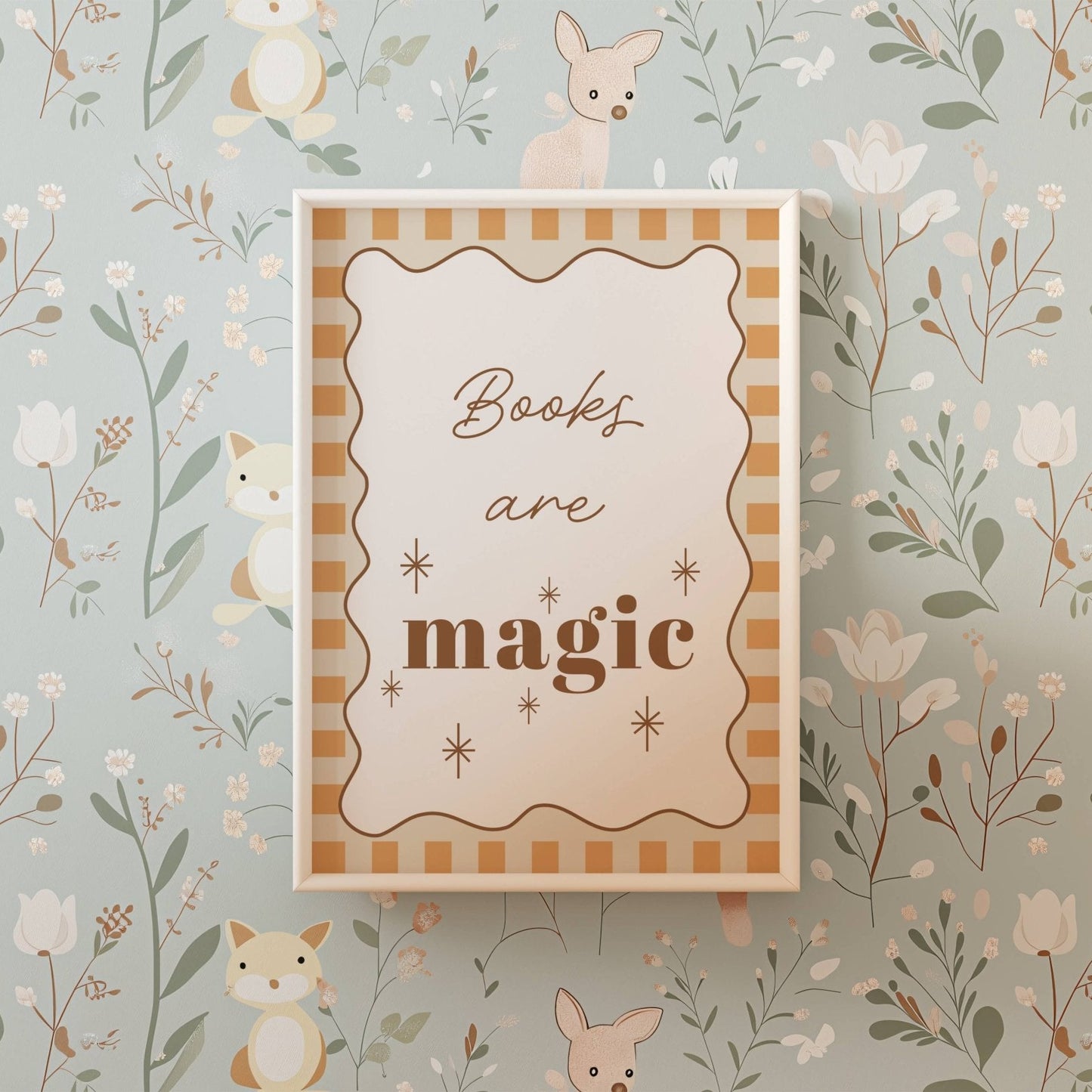 Decorative book with 'Books are magic' text on a floral and animal wallpaper background