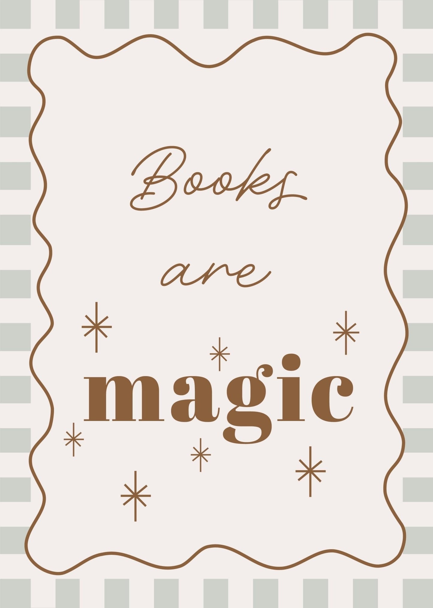Decorative book cover with 'Books are magic' text on a striped background