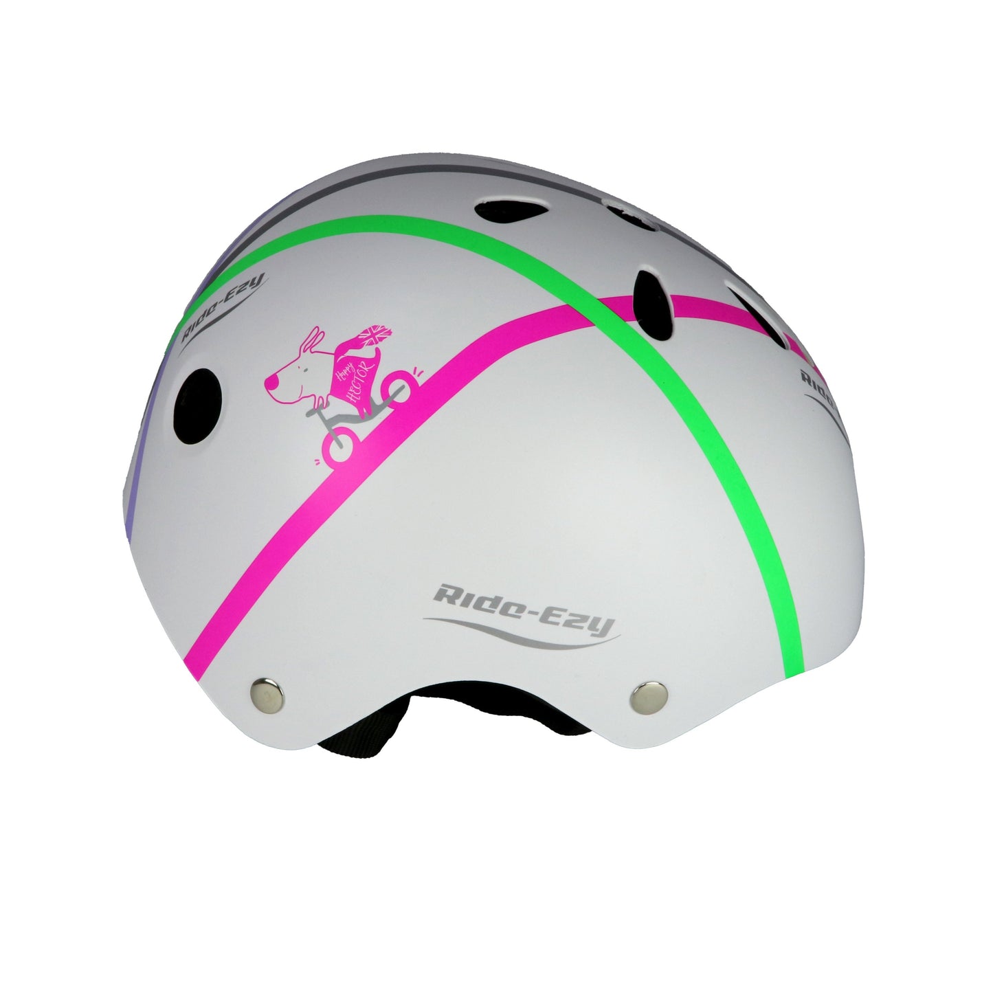 Children's helmet with pink and green accents on a white background
