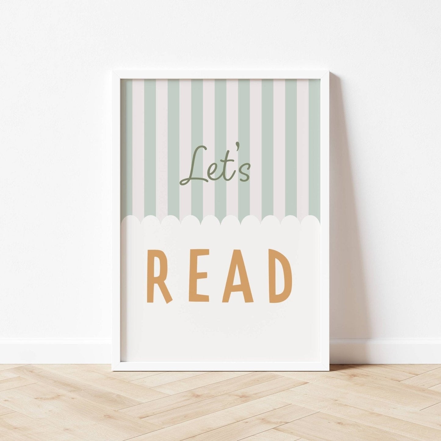 Framed poster with 'Let's Read' text on a striped background